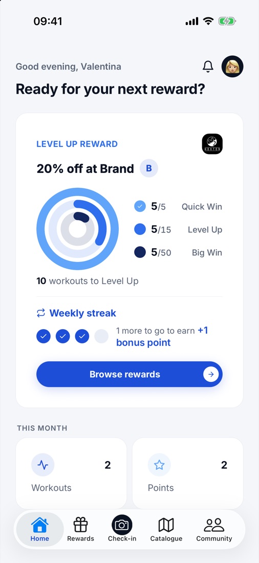 Kintra home screen showing your points and your next reward